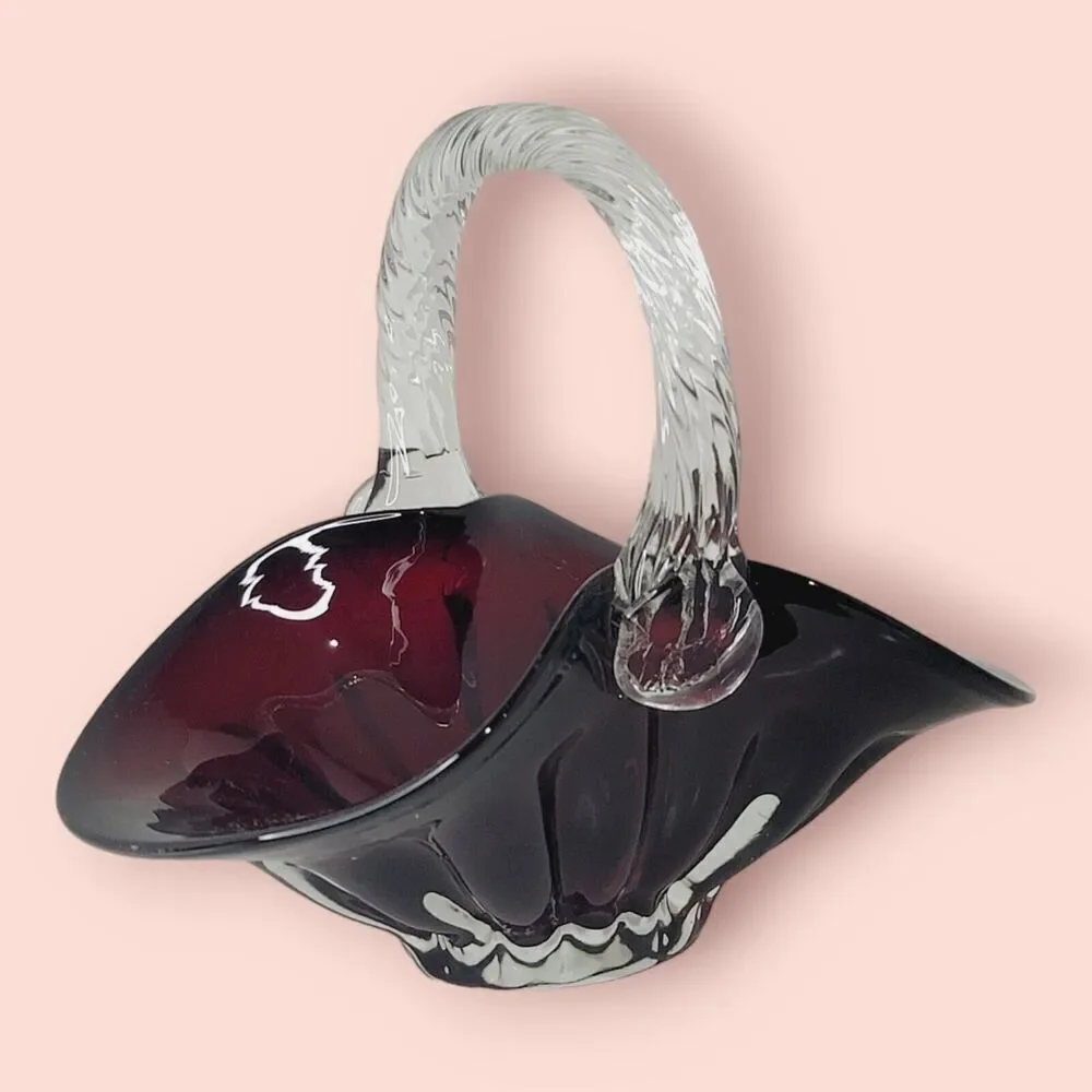 Ruby Red Hand Blown Art Glass Basket Applied‎ Handle Clear Ground Base